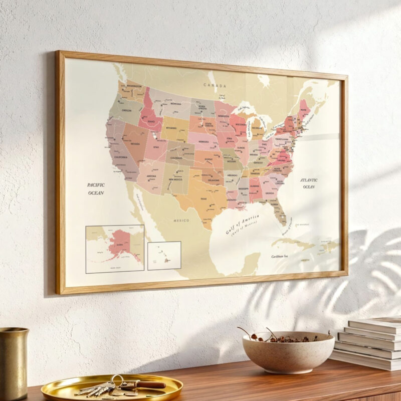 Detailed USA map print mounted above a wooden console table, shown in gentle daylight with modern décor arranged beneath it.