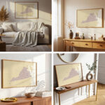 A four-panel collage featuring the Printable Virginia Map displayed in a variety of warm, styled interior spaces with different décor themes.