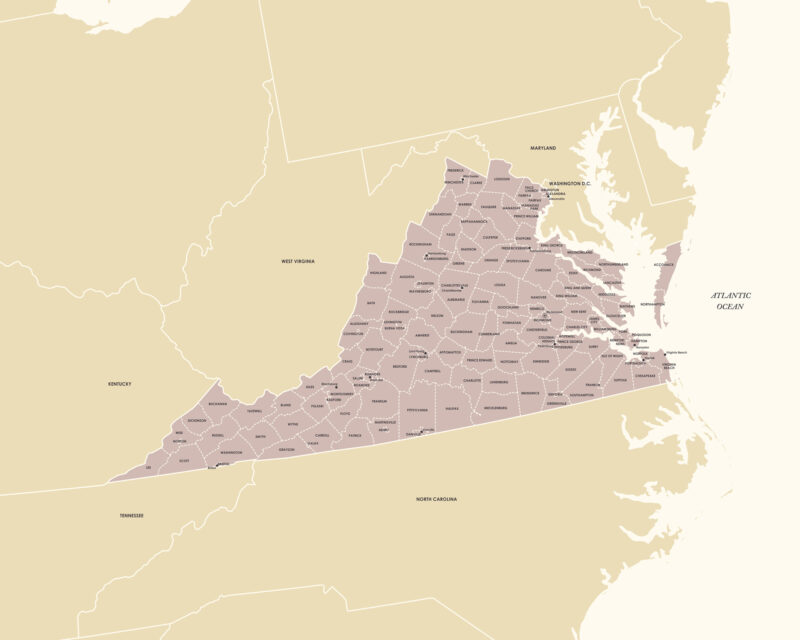 Detailed Virginia map highlighting all counties, borders, and major cities in a minimalist, high-resolution layout suitable for printing.