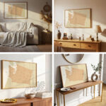 Set of four interior scenes highlighting the Printable Washington Map displayed in different rooms, frames, and lighting conditions.