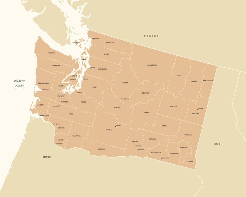 Clean, high-resolution map of Washington showing all county outlines, major cities, and geographic features in a minimalist design