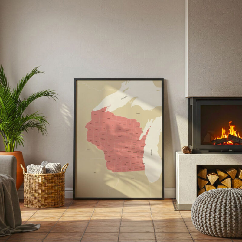 A large Wisconsin map print positioned near a glowing fireplace, adding a welcoming touch to a warm and relaxed living room scene.