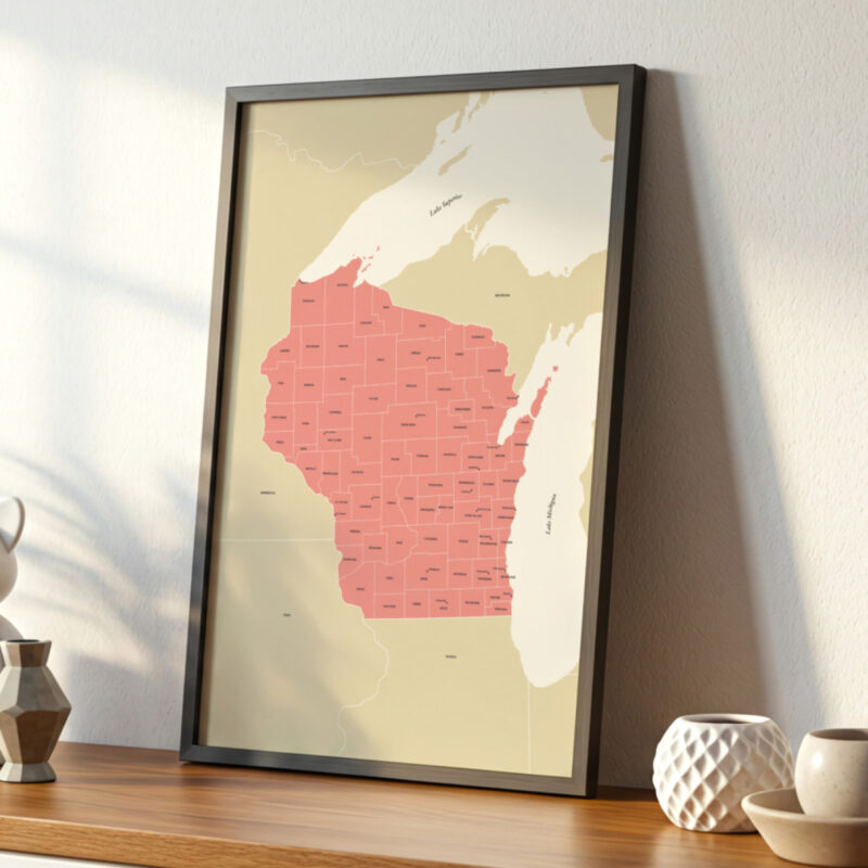 A modern frame showcasing a Wisconsin state map resting on a wooden surface, highlighted by soft daylight and simple decorative pieces.