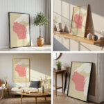 Four-image layout displaying the Printable Wisconsin Map in various home settings, each styled with different lighting, frames, and décor elements.