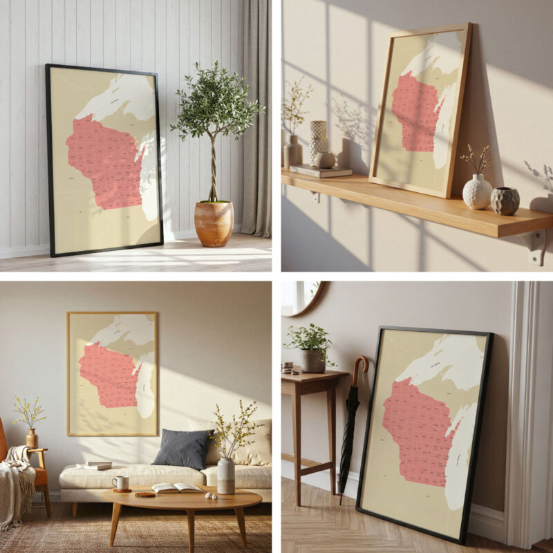 Four-image layout displaying the Printable Wisconsin Map in various home settings, each styled with different lighting, frames, and décor elements.