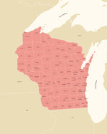 High-resolution illustration of Wisconsin with clearly defined county borders and labeling, presented in a clean, contemporary style.