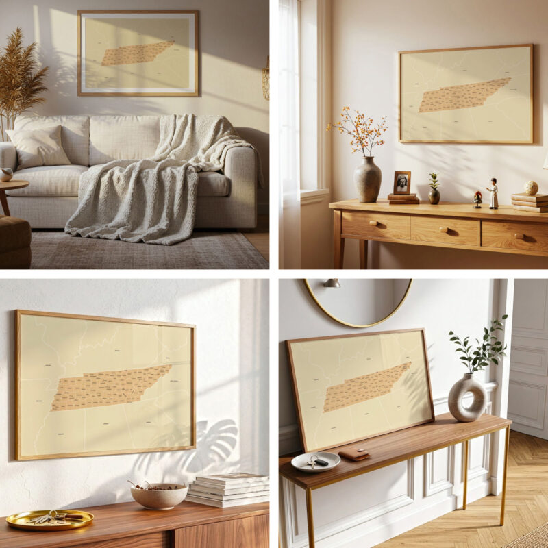 Four-scene collage highlighting the Printable Tennessee Map displayed in different cozy rooms, showing varied framing and décor arrangements.