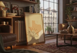 Texas map print leaning on the floor in a cozy living room.