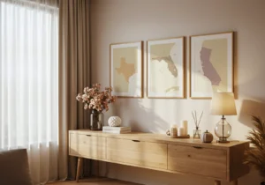 Three piece framed state map prints displayed above a wooden console table.