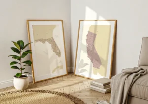 Florida and California map prints leaning against the wall beside a plant.