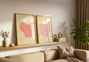 Wisconsin and Ohio map prints resting on a wall shelf above a beige sofa.