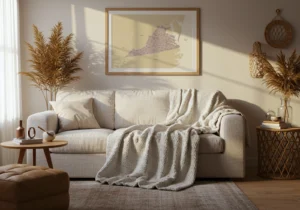 Virginia map print hanging above a neutral sofa in a warm living room.